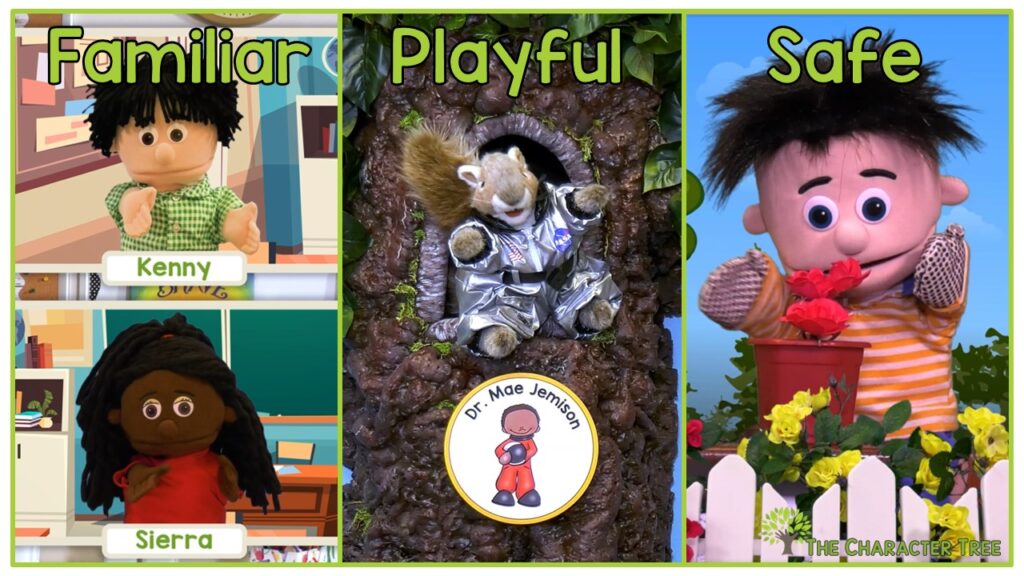 3 tiled images with titles written in green at the top. "Familiar" with a boy and girl puppet beneath, "Playful" with a squirrel puppet dressed in an astronaut costume and "Safe" with a boy puppet planting a flower in a pot.