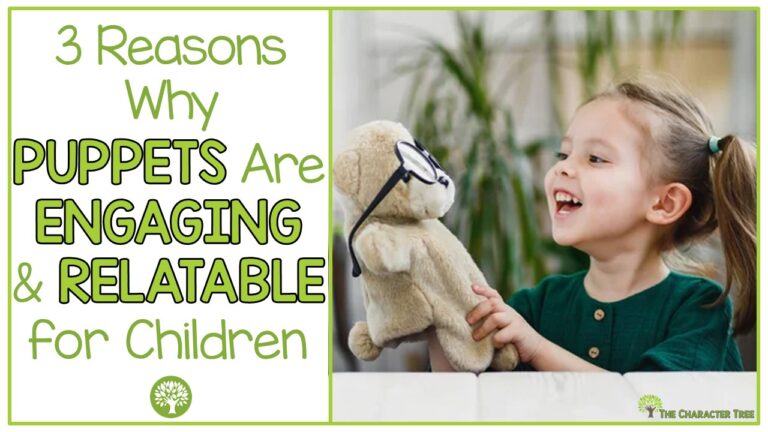 Title written in green "3 why reasons puppets are relatable and engaging for children" with image of young girl smiling and playing with a bear puppet wearing glasses.