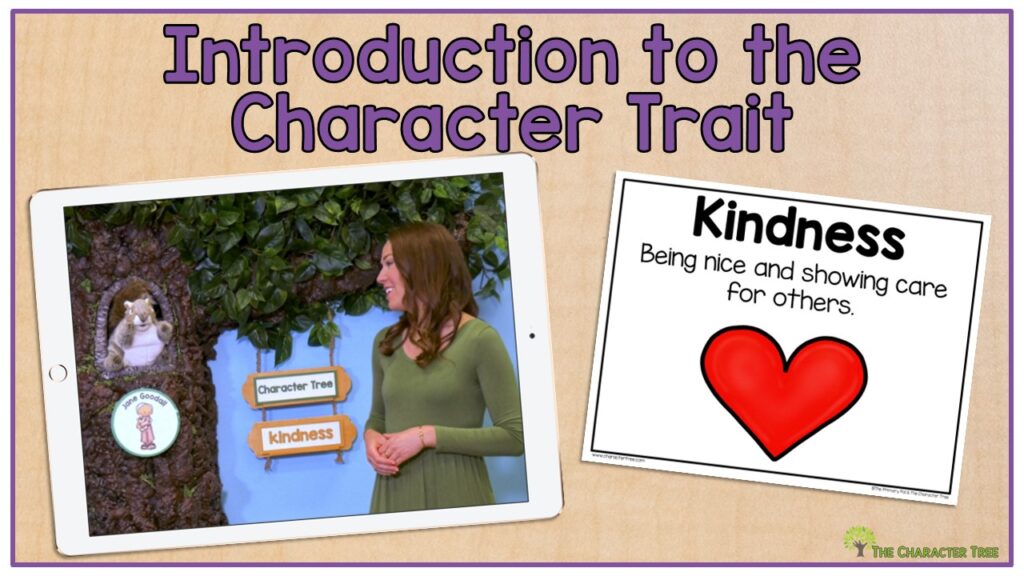 Introduction to Character Trait with a picture of a teacher and a squirrel puppet and a definition of kindness with a red heart.