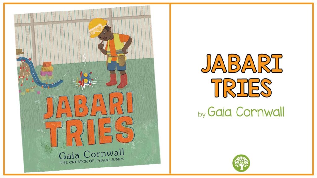 Jabari Tries by Gaia Cornwall picture book cover with little boy in construction clothing looking at a broken toy.