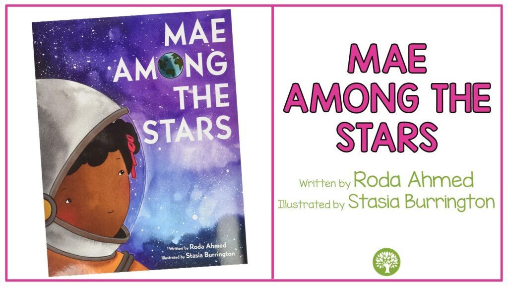 Mae Among the Stars book cover with blue and purple space background with stars and a little girl Mae Jemison wearing an astronaut helmet.