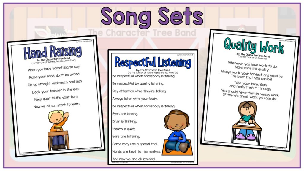 Song Sets written in purple at the top with three classroom expectations songs. The song titles are hand raising, respectful listening and quality work.