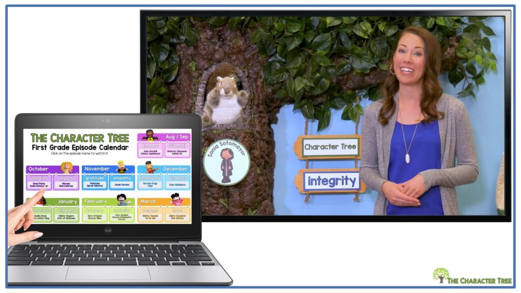 The Character Tree First Grade Calendar with Links on a laptop and a screen behind showing an image of the character development episode on integrity and Sonia Sotomayor.