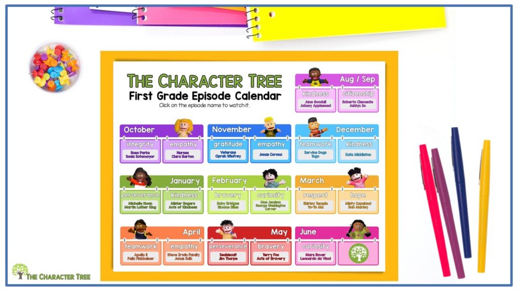 The Character Tree First Grade Episode Calendar & teacher planning guide image on a desk with colorful notebooks and pens.