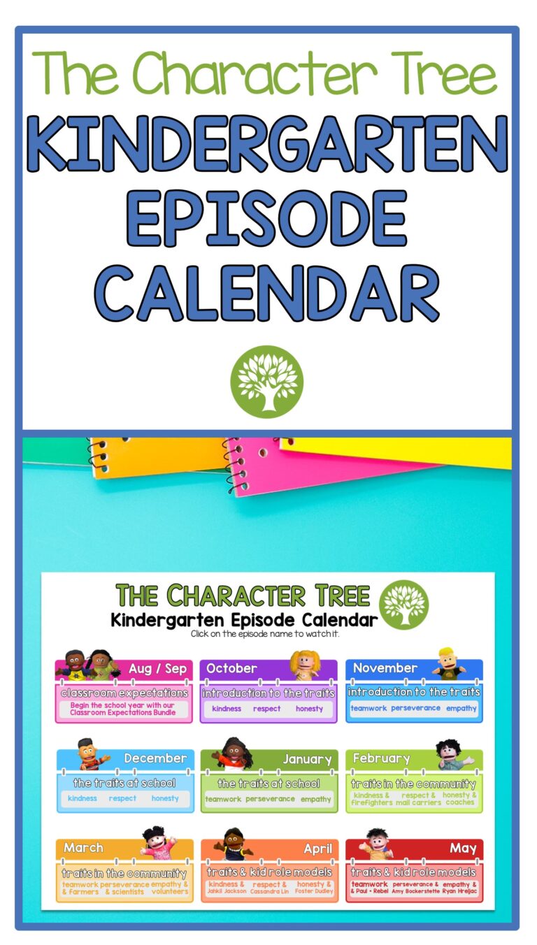 The Character Tree Kindergarten Episode Calendar. Colorful character education calendar for teacher planning on a teal background with colorful notebooks. Pinterest image.