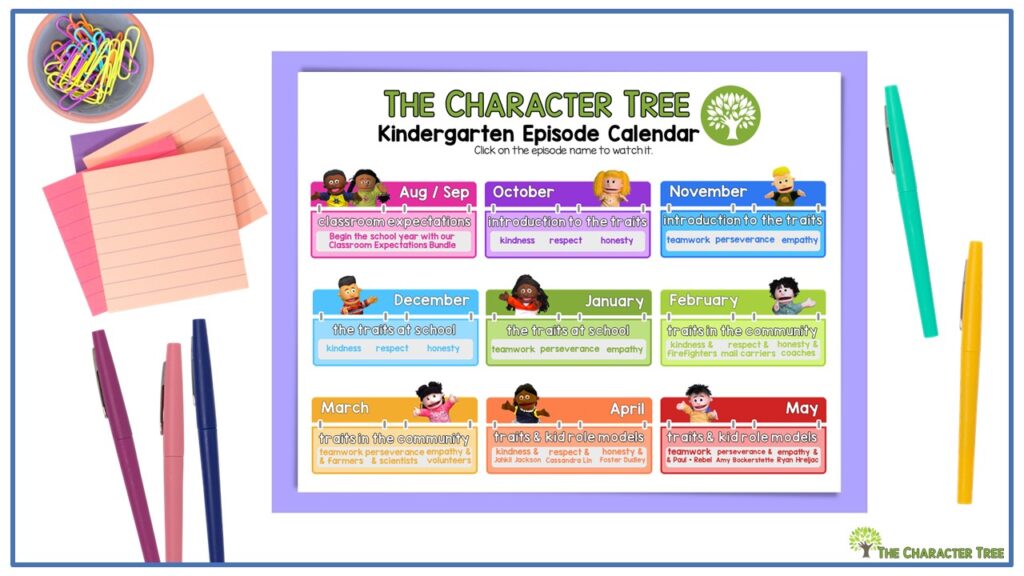 The Character Tree Kindergarten Episode Calendar & teacher planning guide image on a desk with colorful sticky notes and pens.