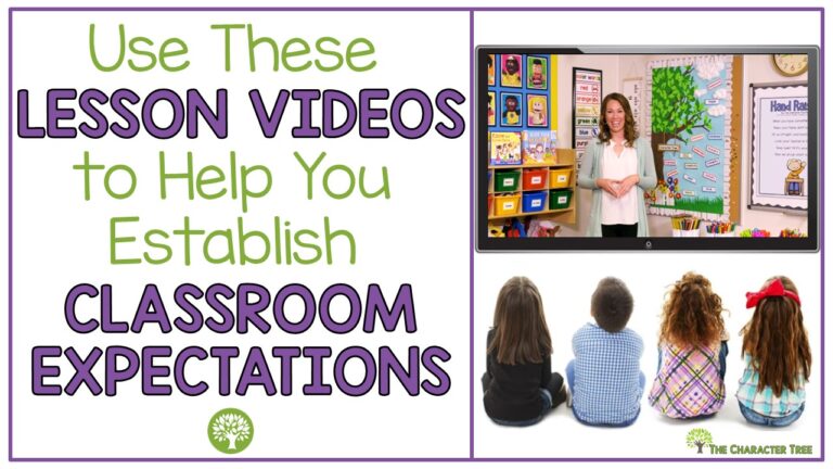 The title is written on the left, "Use These Lesson Videos to Help You Establish Classroom Expectations". The backs of students are shown sitting and watching a screen with a teacher in a classroom with a poster and books about hand raising.