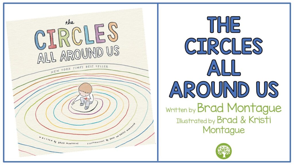 the picture book The Circles All Around Us by Brad Montague. The cover shows a little boy crouched in the middle with colorful rings that circle around him and get bigger, like a ripple.