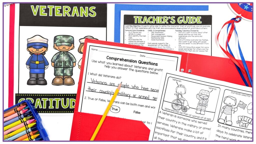 Gratitude and Veterans printable book and reading comprehension activity in a red folder