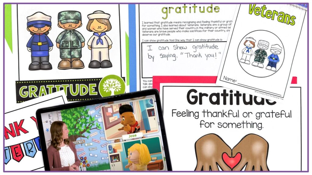 gratitude and veterans episode with gratitude vocabulary card and printable letter and book